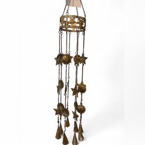 Metal Celestial Sun Star Wind Chime Gold 32” Hanging Glass Beads Bells Boho